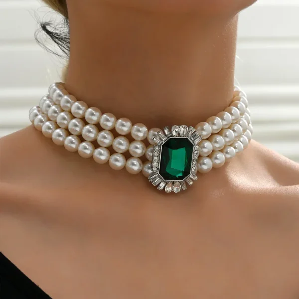 KMVEXO Multi Layered Simulated Pearl Green Crystal Choker Necklace - Image 2