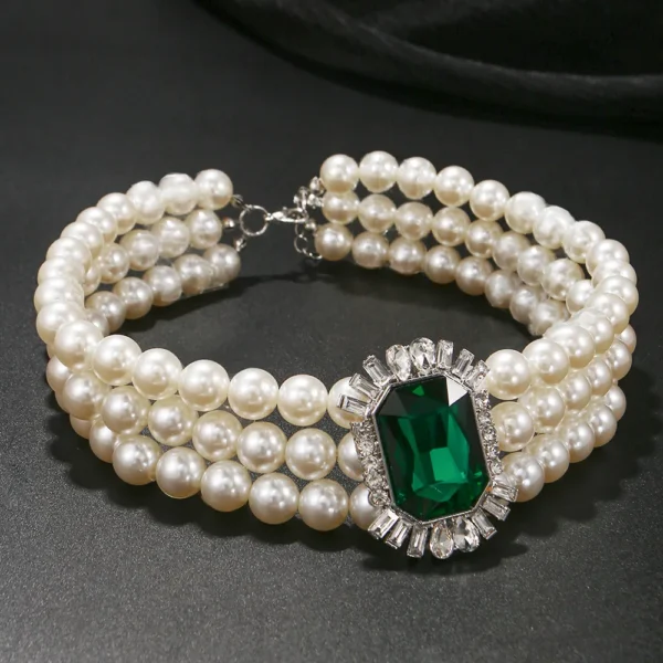 KMVEXO Multi Layered Simulated Pearl Green Crystal Choker Necklace - Image 4