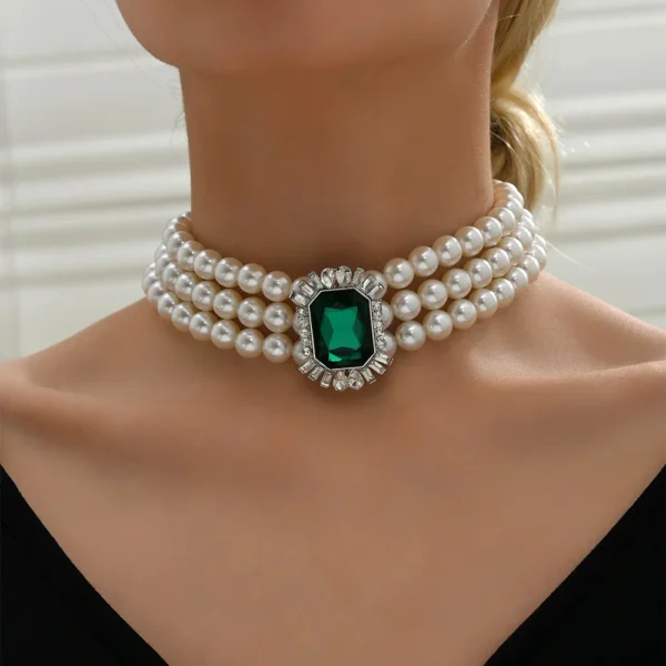KMVEXO Multi Layered Simulated Pearl Green Crystal Choker Necklace