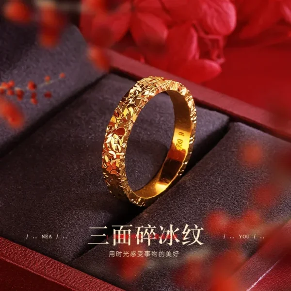 9999 24K Real Gold Three Sided Broken Ice Pattern Ring - Image 2