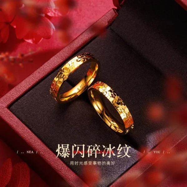 9999 24K Real Gold Three Sided Broken Ice Pattern Ring - Image 6